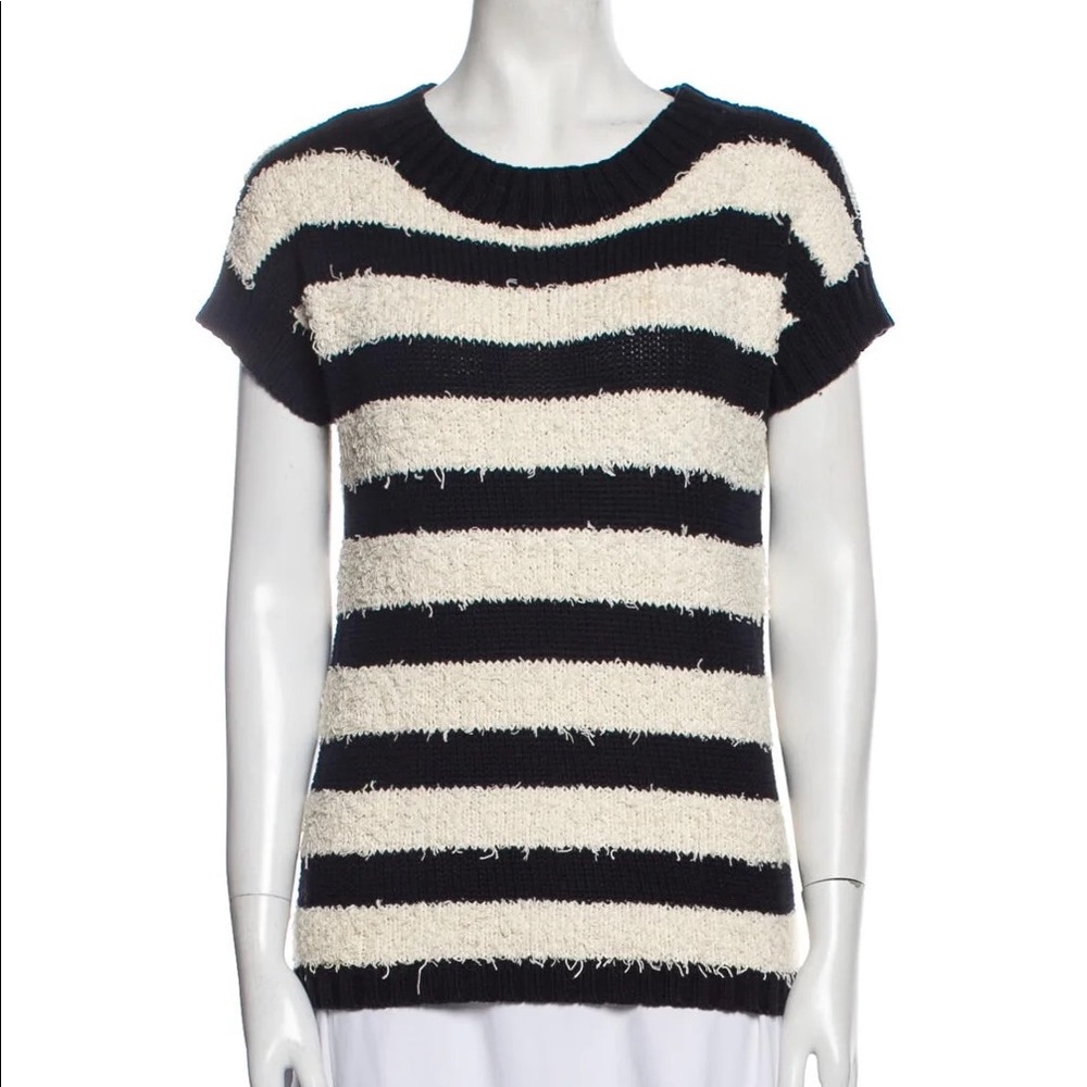 DEREK LAM 10 CROSBY SHAGGY STRIPE SHORT SLEEVE SWEATER SMALL